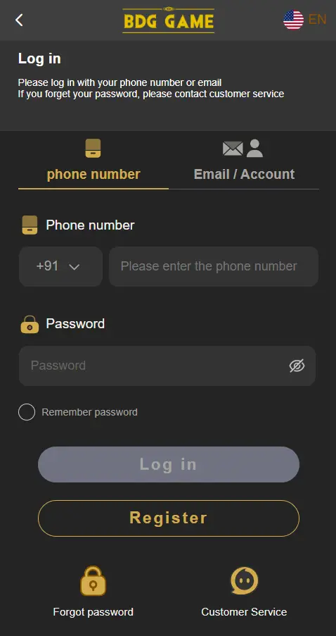 BDG Win login screen example